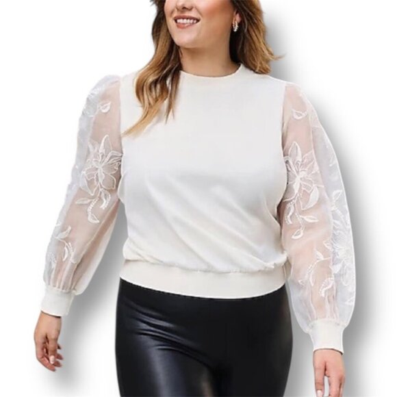 Express XL Ivory Blouse Sheer Floral Embroidered Sleeve Romantic Cottagecore - Picture 1 of 9